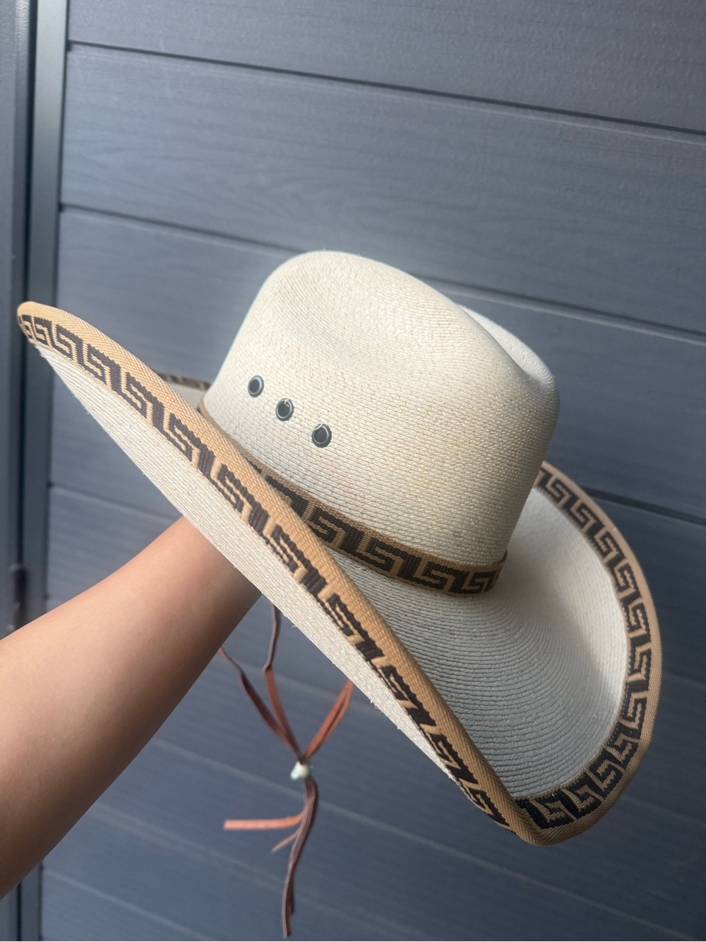 Western Straw Cowboy Hat with Geometric Trim - Natural